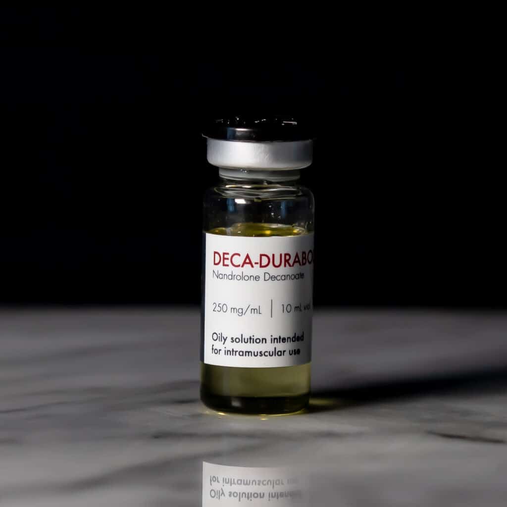 Detailed image of a Deca Durabolin package from Legacy Laboratories, showcasing the brand name, the manufacturer's name, and key product details, signifying its use for muscle growth and recovery.